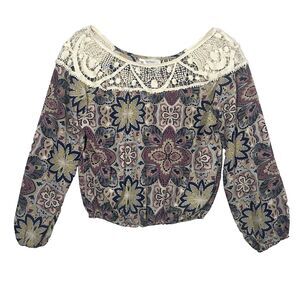 Dressfo Blouse Size XL Boho Paisley Lace Trim Bubble Long Sleeve Peplum Top Blue